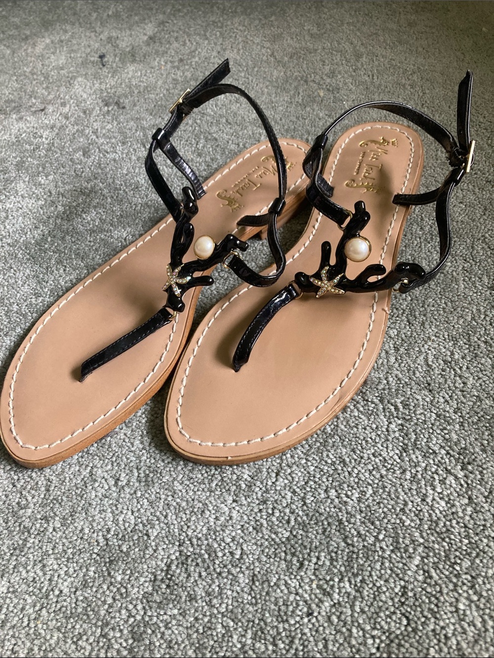 Black Pearl-Embellished T-Strap Women's Sandals